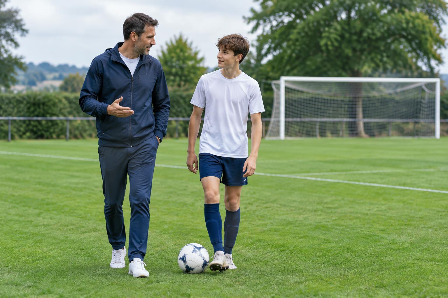 A parent listening to a young footballer beside the pitch